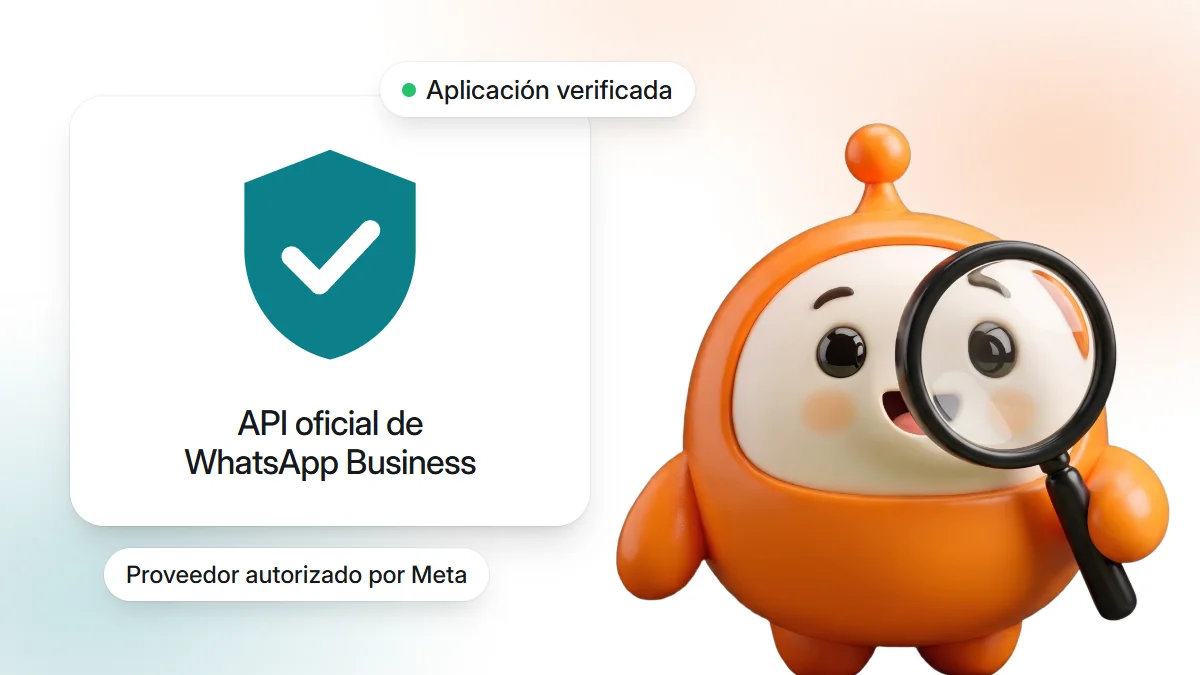 IRMA mira con una lupa un escudo con tilde que representa la verificación oficial de la API de WhatsApp Business